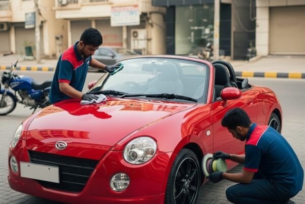 Hyper-realistic image of a red Daihatsu Copen convertible being detailed on a Karachi street by two professional technicians in navy blue Bulao.pk uniforms. One is wiping the hood with a microfiber cloth while the other polishes the rims. The car shines under warm daylight, with a subtle Karachi urban background, creating a premium and fresh look.