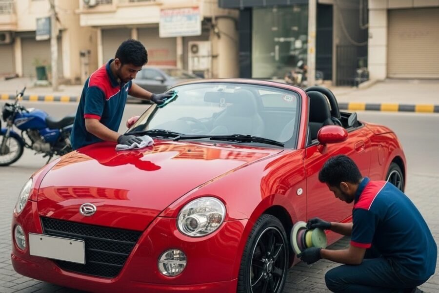 Hyper-realistic image of a red Daihatsu Copen convertible being detailed on a Karachi street by two professional technicians in navy blue Bulao.pk uniforms. One is wiping the hood with a microfiber cloth while the other polishes the rims. The car shines under warm daylight, with a subtle Karachi urban background, creating a premium and fresh look.