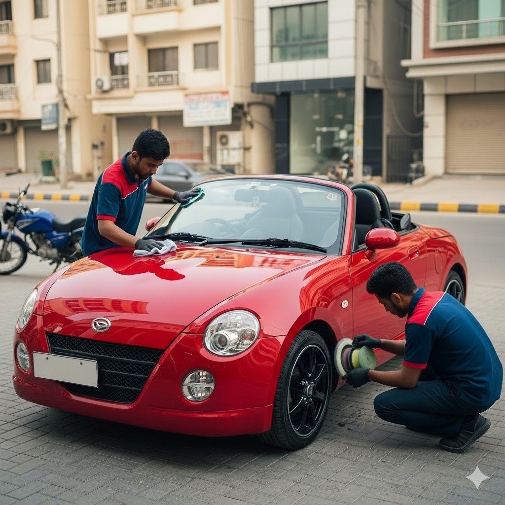 Hyper-realistic image of a red Daihatsu Copen convertible being detailed on a Karachi street by two professional technicians in navy blue Bulao.pk uniforms. One is wiping the hood with a microfiber cloth while the other polishes the rims. The car shines under warm daylight, with a subtle Karachi urban background, creating a premium and fresh look.