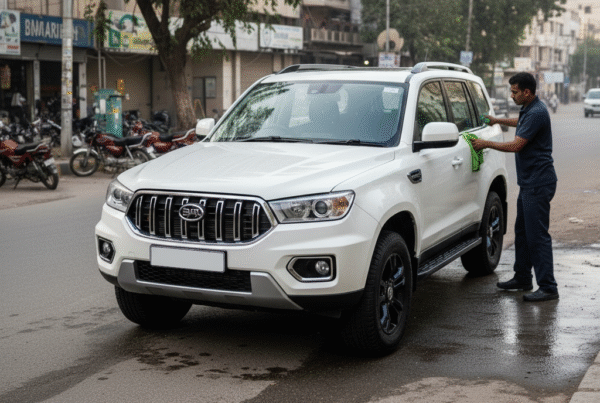 BAIC BJ40 Plus SUV car cleaning and detailing service in Karachi with technicians polishing exterior and cleaning body panels for a premium finish.