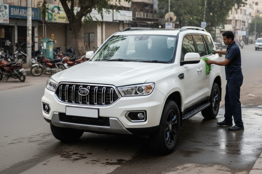 BAIC BJ40 Plus SUV car cleaning and detailing service in Karachi with technicians polishing exterior and cleaning body panels for a premium finish.