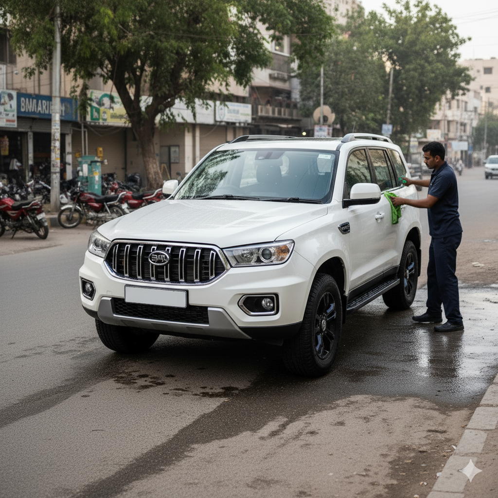 BAIC BJ40 Plus SUV car cleaning and detailing service in Karachi with technicians polishing exterior and cleaning body panels for a premium finish.