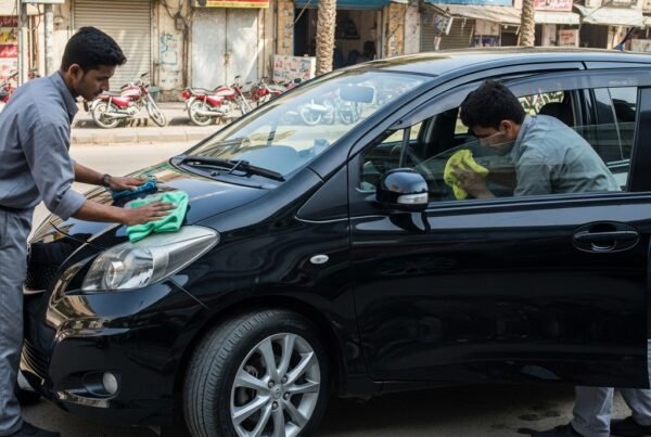 Toyota Vitz hatchback professionally detailed by two technicians on a Karachi street at Bulao.pk.