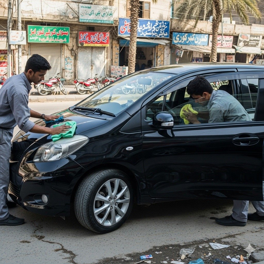 Toyota Vitz hatchback professionally detailed by two technicians on a Karachi street at Bulao.pk.