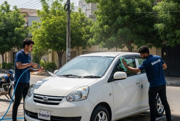 Two Bulao.pk technicians in navy blue shirts cleaning a white Daihatsu Cuore on a Karachi street, one washing the car body and the other wiping the windows, with a realistic outdoor setting.