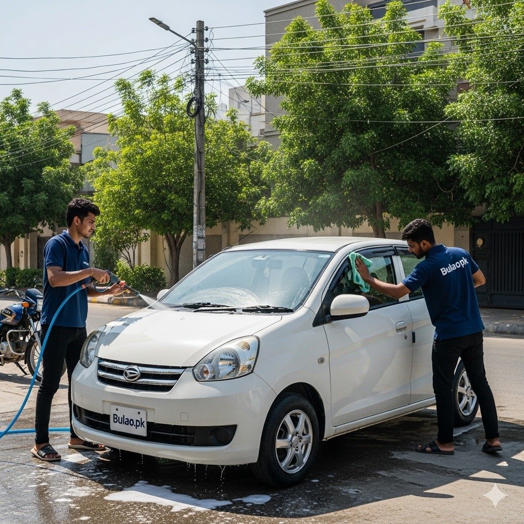 Two Bulao.pk technicians in navy blue shirts cleaning a white Daihatsu Cuore on a Karachi street, one washing the car body and the other wiping the windows, with a realistic outdoor setting.