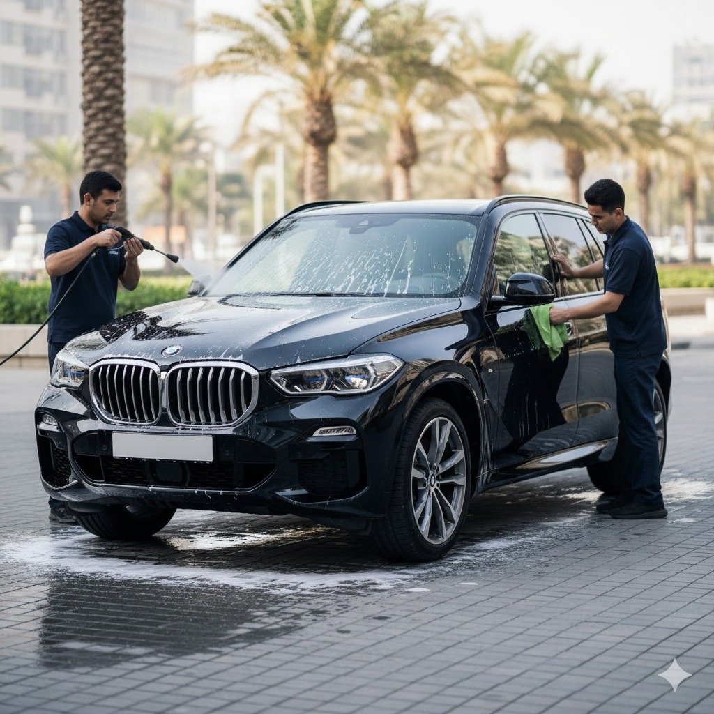 BMW X3 premium SUV undergoing full car cleaning and detailing service, including exterior wash, waxing, and interior care for a showroom shine.