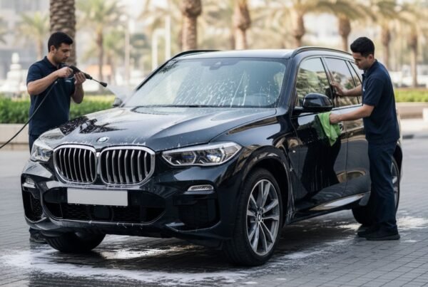 BMW X5 luxury SUV receiving full car cleaning and detailing service by Bulao.pk, including exterior wash, waxing, and interior detailing for a showroom finish.