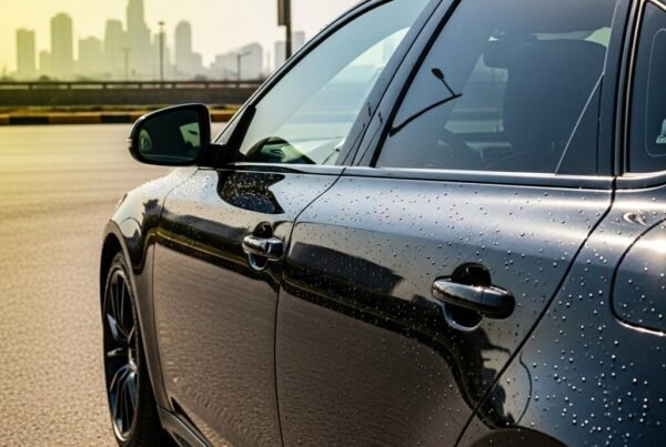 Glossy black car parked under Karachi sunlight with water-beading effect on paint, representing UV and pollution protection.