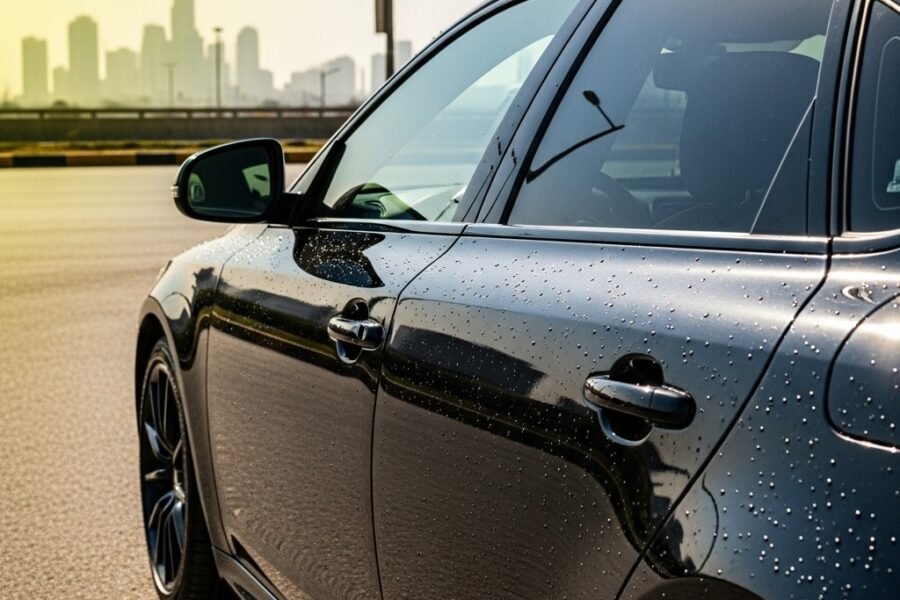 Glossy black car parked under Karachi sunlight with water-beading effect on paint, representing UV and pollution protection.