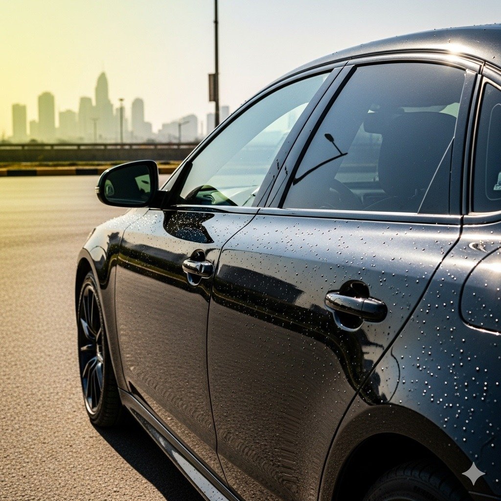 Glossy black car parked under Karachi sunlight with water-beading effect on paint, representing UV and pollution protection.