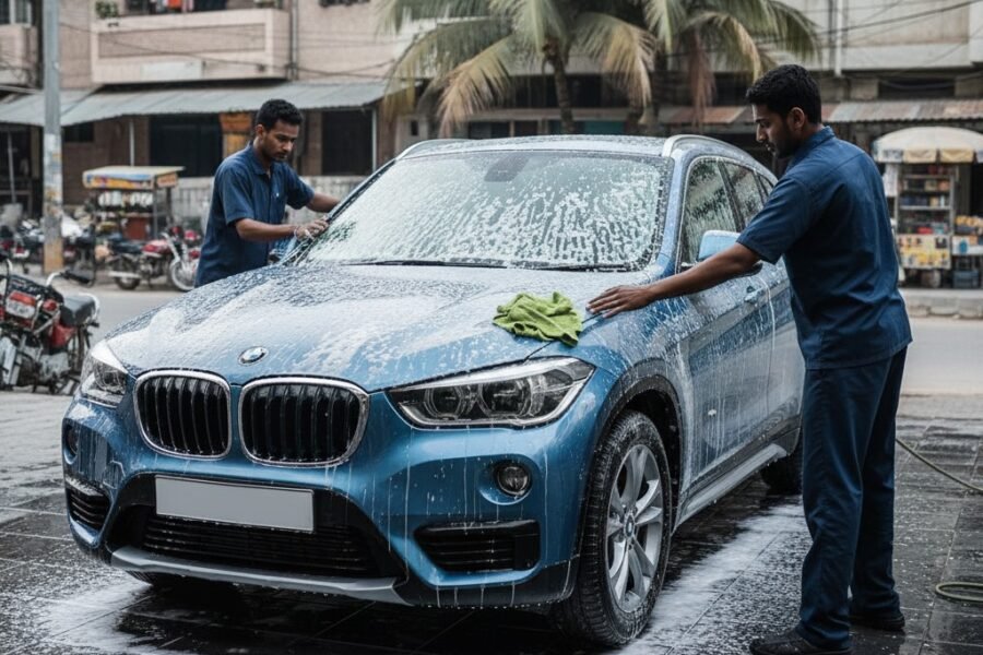 BMW X1 premium compact SUV getting full car cleaning and detailing service, including foam wash, waxing, and interior detailing for a showroom finish.