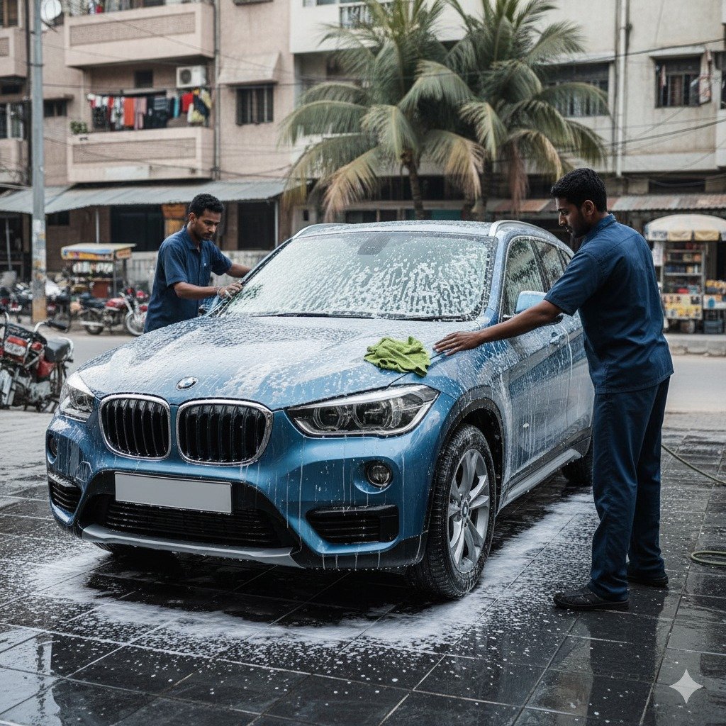 BMW X1 premium compact SUV getting full car cleaning and detailing service, including foam wash, waxing, and interior detailing for a showroom finish.
