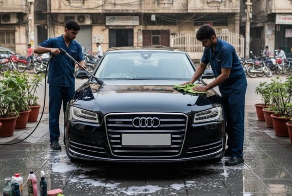Professional detailing of a black Audi A8 luxury sedan in Karachi, with two technicians cleaning and drying the exterior for a showroom-quality finish