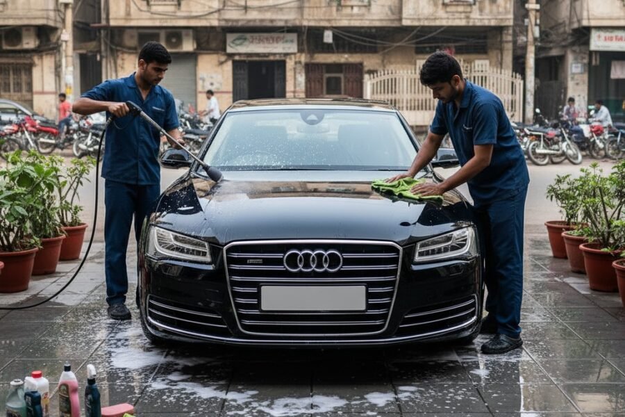 Professional detailing of a black Audi A8 luxury sedan in Karachi, with two technicians cleaning and drying the exterior for a showroom-quality finish