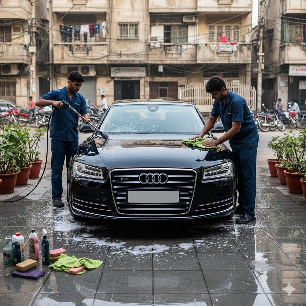 Professional detailing of a black Audi A8 luxury sedan in Karachi, with two technicians cleaning and drying the exterior for a showroom-quality finish