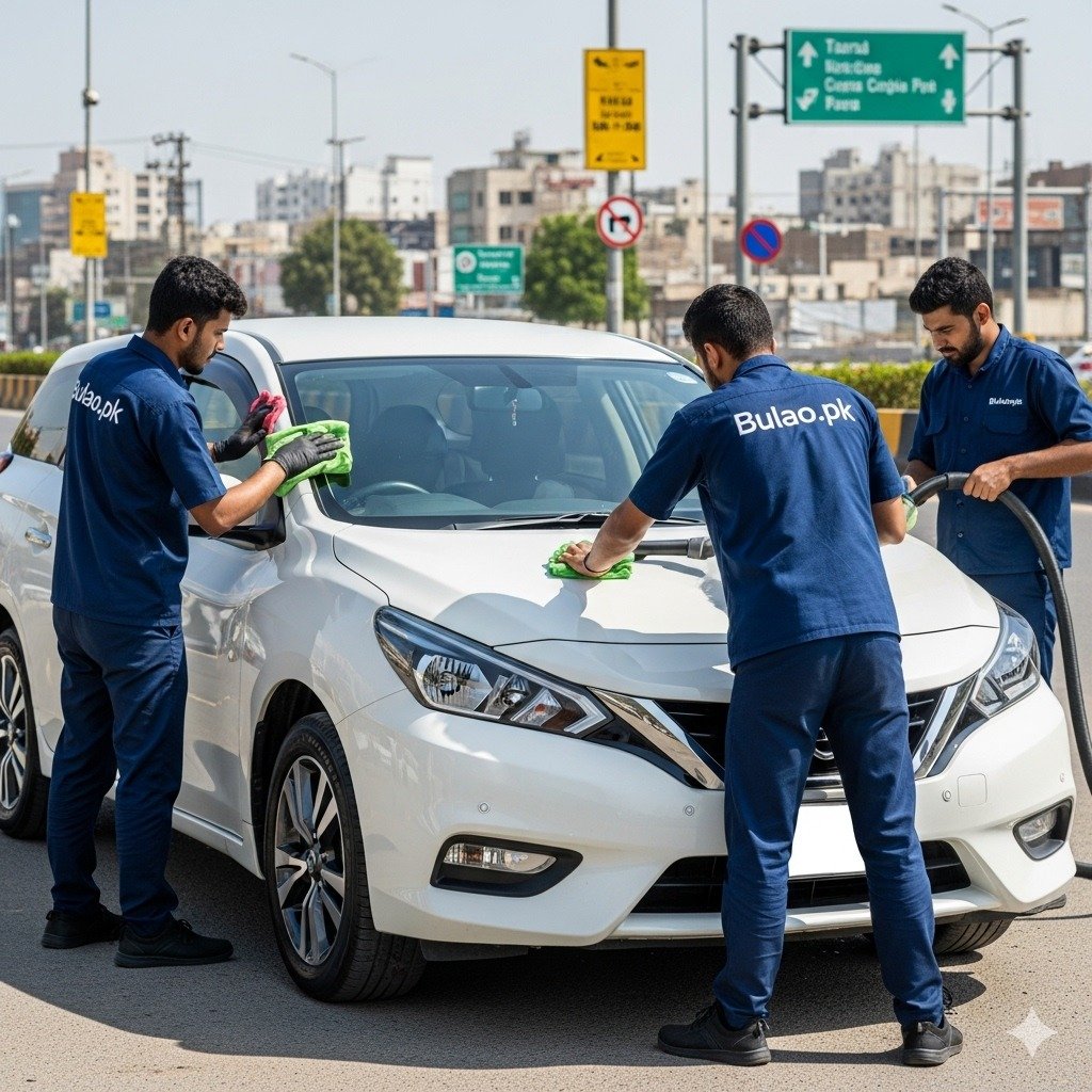 Hyper-realistic image of a white 2021 Nissan Wingroad being detailed by Bulao.pk technicians in navy-blue uniforms on a sunlit Karachi street. One technician polishes the exterior and rims, while another vacuums and sanitizes the interior. Urban Karachi buildings and street signs are visible in the background. The car’s number plate is blank.