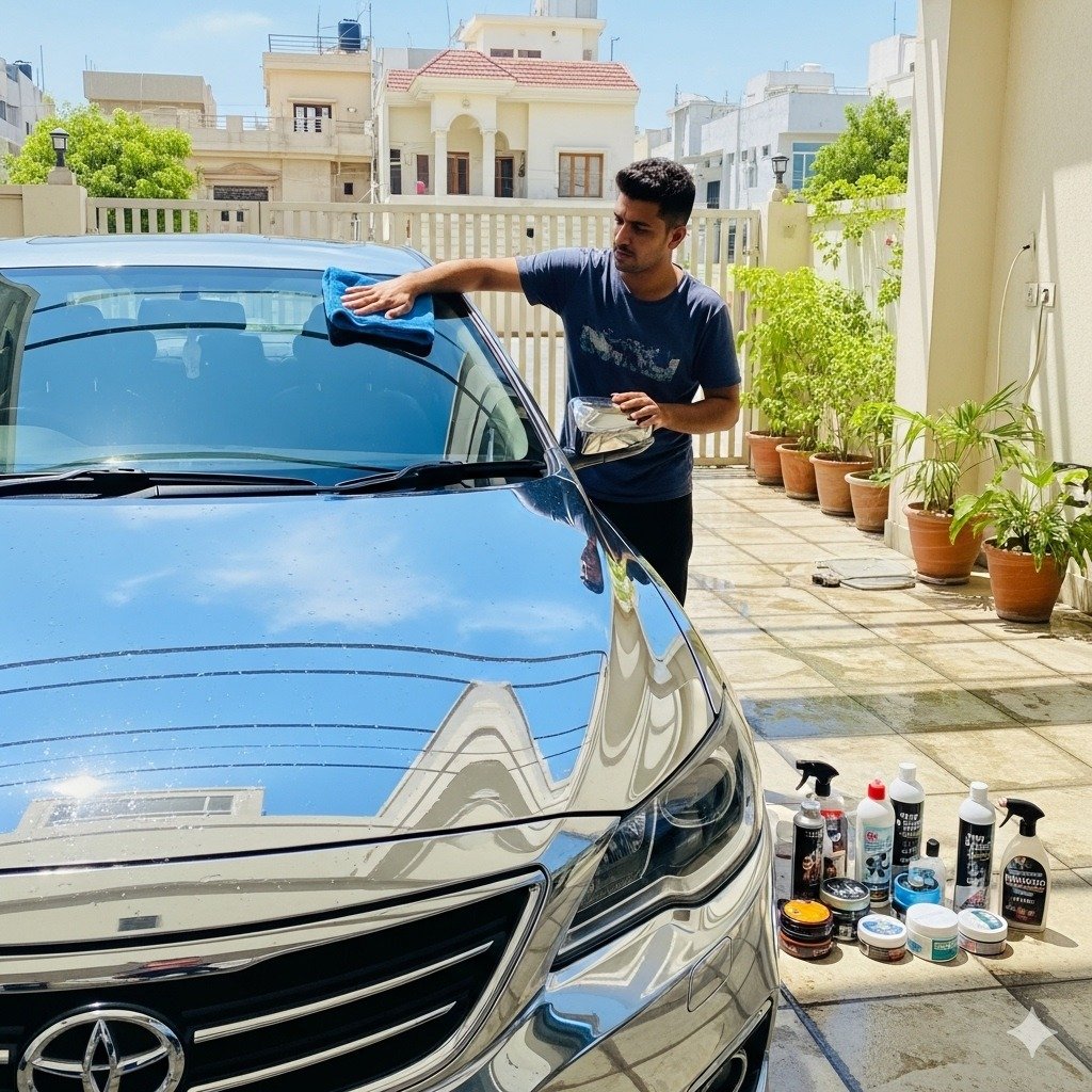 Man buffing a freshly washed car with a microfiber towel in a Karachi driveway, showing glossy paint, car shampoo, polish, and wax products nearby, highlighting professional car care and shine after wash.