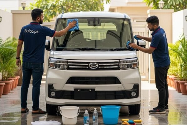Professional car detailing of a white Daihatsu Tanto in Karachi. Two technicians in navy blue Bulao.pk shirts clean the windshield and side mirrors, with cleaning tools and water droplets visible, showcasing a fresh and well-maintained car.