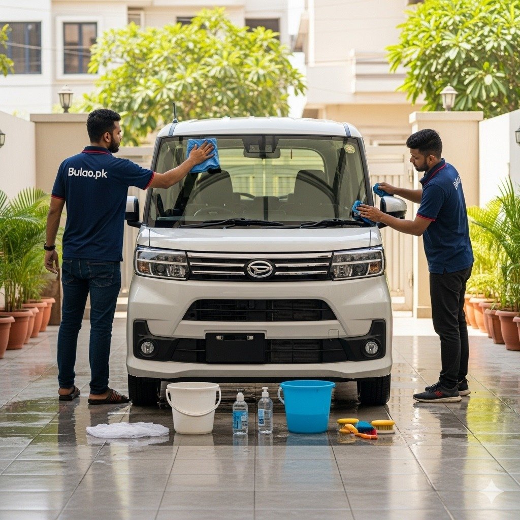 Professional car detailing of a white Daihatsu Tanto in Karachi. Two technicians in navy blue Bulao.pk shirts clean the windshield and side mirrors, with cleaning tools and water droplets visible, showcasing a fresh and well-maintained car.