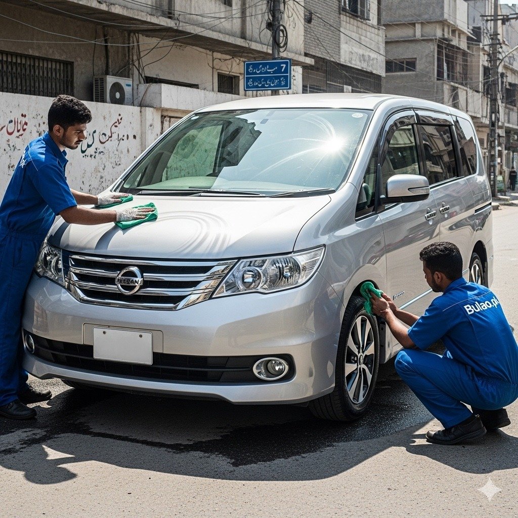 Hyper-realistic image of a silver Nissan Serena MPV being cleaned by two Bulao.pk technicians on a sunlit Karachi street. One technician polishes the car’s hood and panels, while the other cleans the wheels.