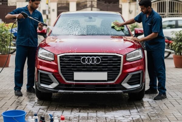 Professional detailing of a red Audi Q2 compact SUV in Karachi, with two technicians cleaning and drying the exterior, glossy finish and clean driveway background