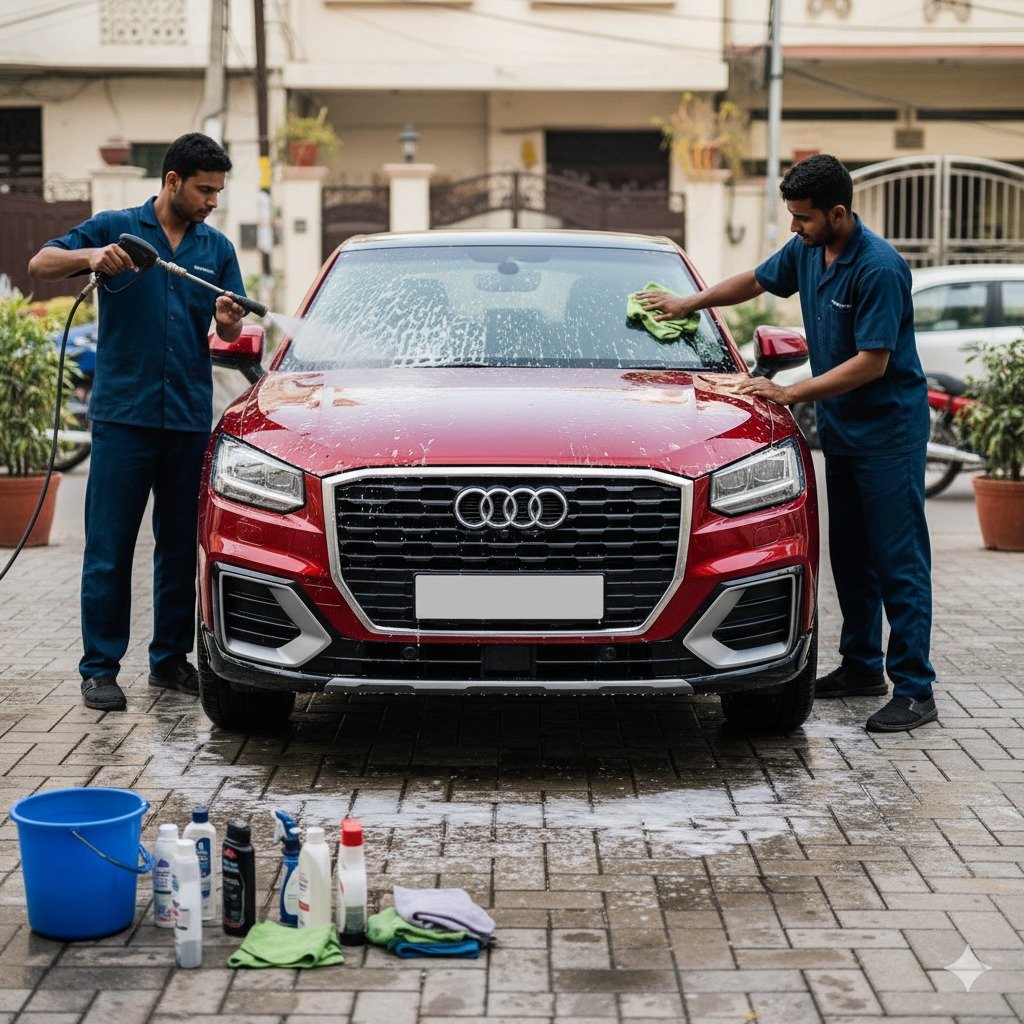 Professional detailing of a red Audi Q2 compact SUV in Karachi, with two technicians cleaning and drying the exterior, glossy finish and clean driveway background