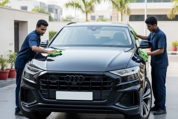 "Two technicians in plain navy-blue uniforms detailing a shiny black Audi Q8 SUV in a clean Karachi driveway, one polishing the hood and the other cleaning side mirrors, showcasing premium car cleaning and detailing service."