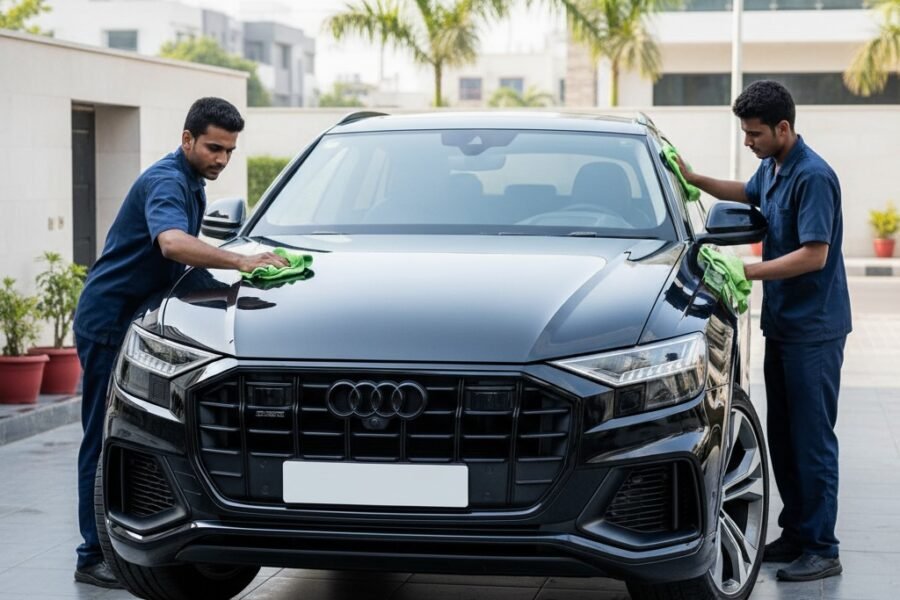 "Two technicians in plain navy-blue uniforms detailing a shiny black Audi Q8 SUV in a clean Karachi driveway, one polishing the hood and the other cleaning side mirrors, showcasing premium car cleaning and detailing service."