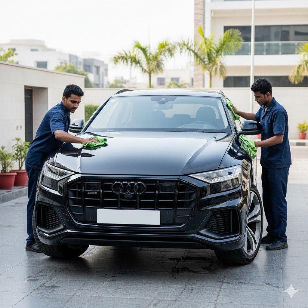 "Two technicians in plain navy-blue uniforms detailing a shiny black Audi Q8 SUV in a clean Karachi driveway, one polishing the hood and the other cleaning side mirrors, showcasing premium car cleaning and detailing service."