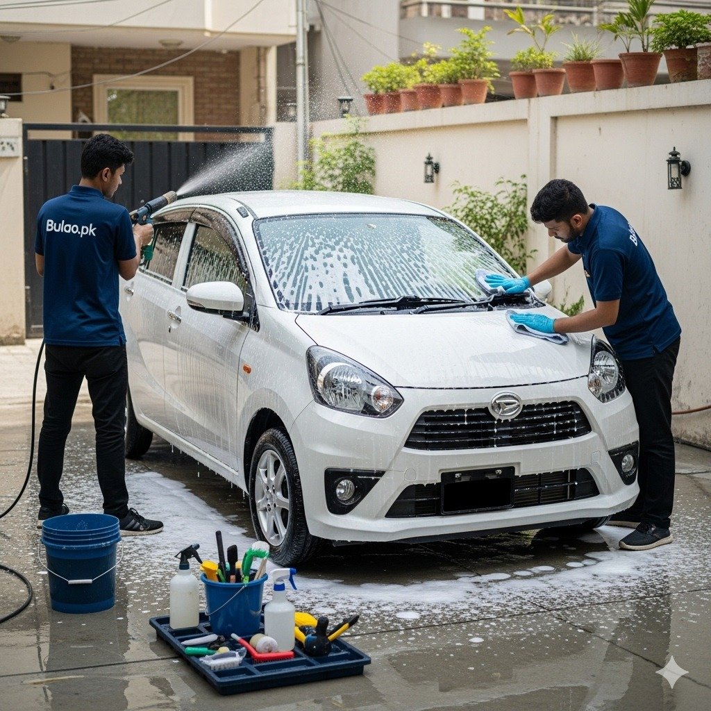 Two Bulao.pk technicians detailing a white Daihatsu Mira in Karachi, applying foam and wiping the bonnet, highlighting a clean and well-maintained compact hatchback