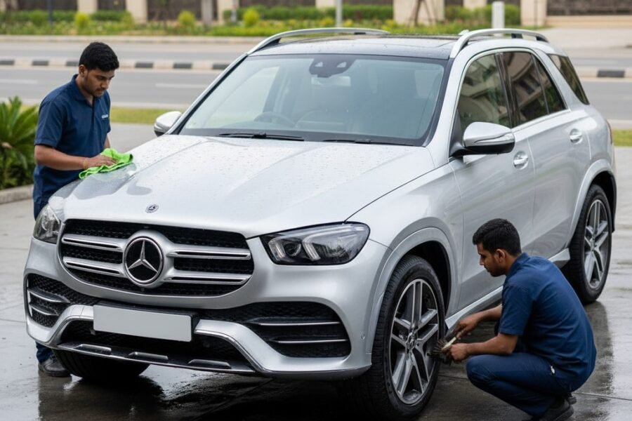 Mercedes-Benz GLE luxury SUV undergoing professional car cleaning and detailing, with technicians polishing the body and cleaning wheels for a premium showroom look.