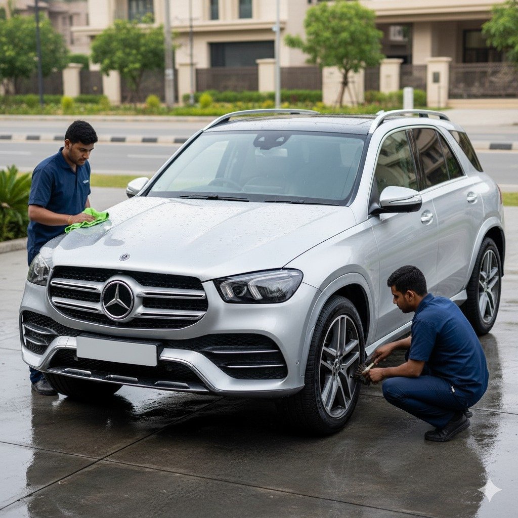 Mercedes-Benz GLE luxury SUV undergoing professional car cleaning and detailing, with technicians polishing the body and cleaning wheels for a premium showroom look.