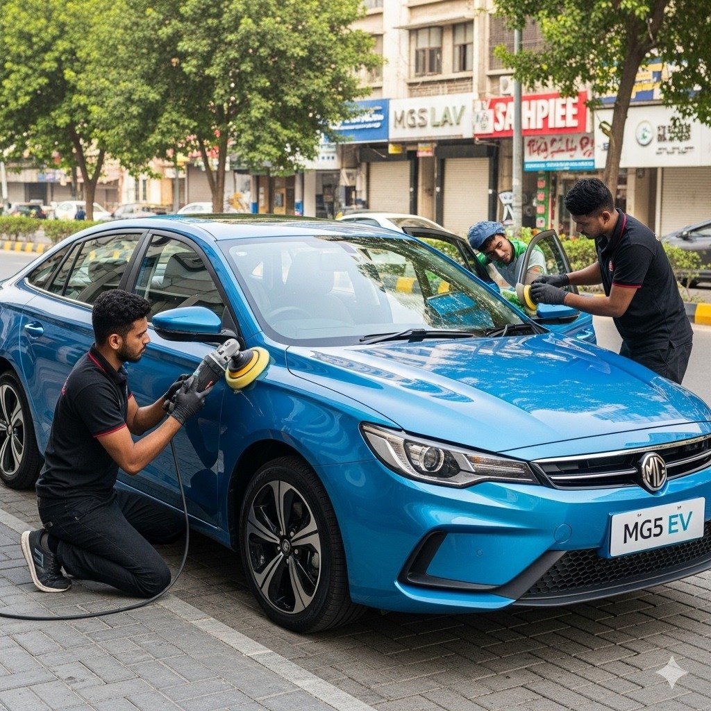 MG5 EV electric sedan professionally detailed by two technicians on a Karachi street at Bulao.pk.