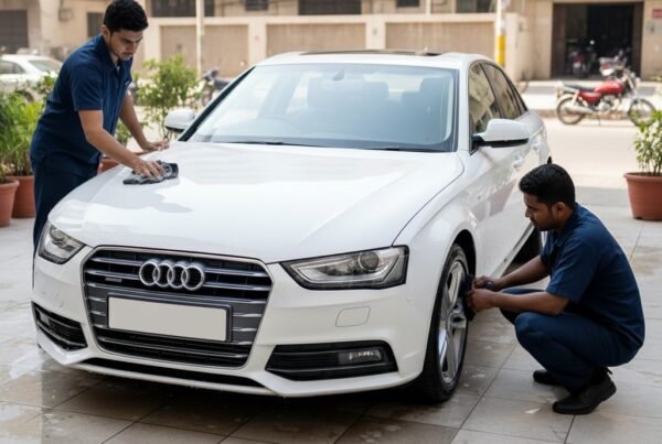 Professional Audi A4 car cleaning and detailing in Karachi with technicians washing exterior and cleaning wheels for a showroom finish.