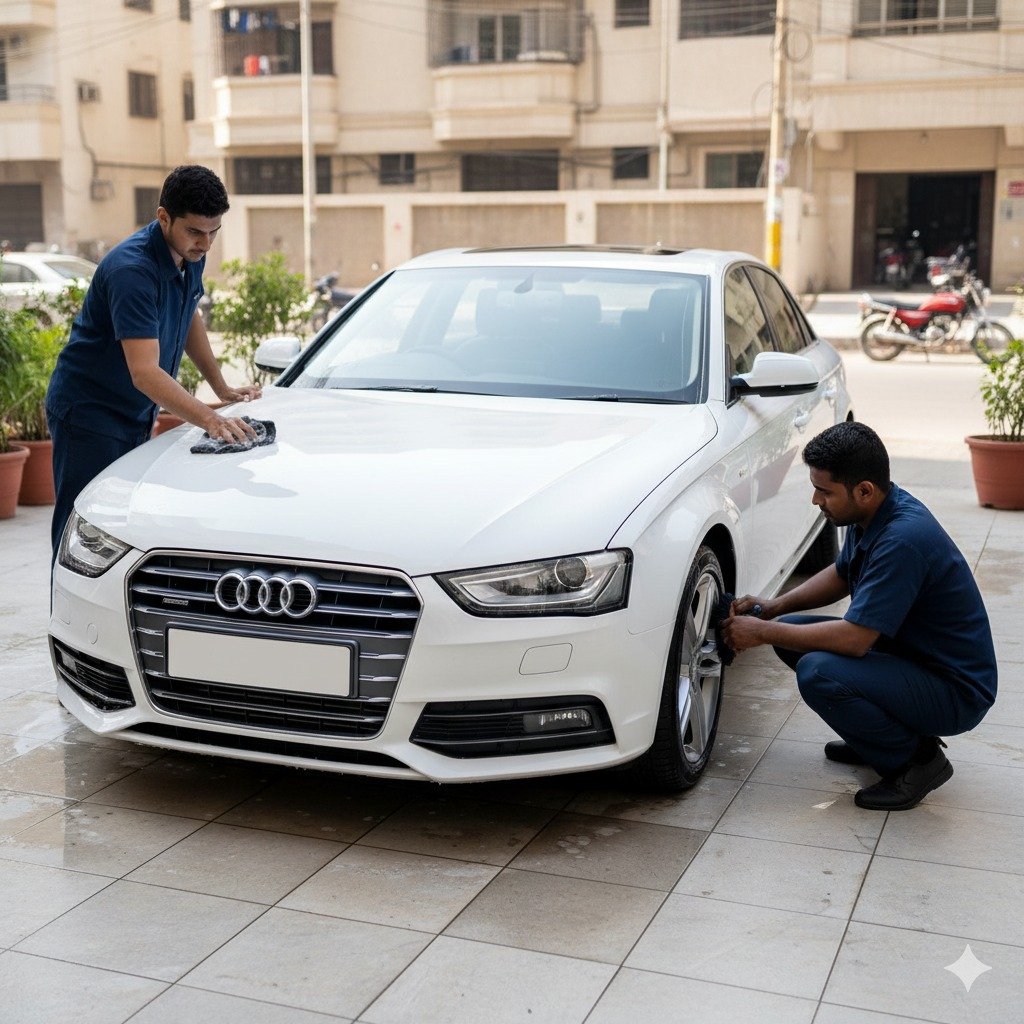 Professional Audi A4 car cleaning and detailing in Karachi with technicians washing exterior and cleaning wheels for a showroom finish.