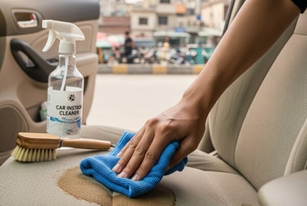 Hand cleaning coffee stain from beige car seat with microfiber cloth and spray bottle inside a car in Karachi, showing safe and professional car stain removal process by Bulao.pk