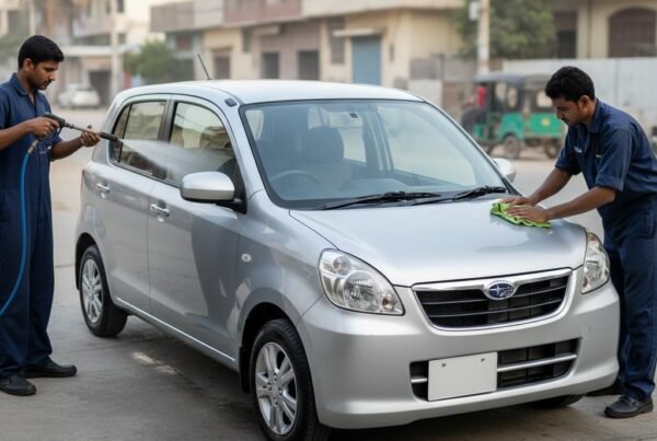 Subaru Pleo Plus car cleaning and detailing service in Karachi, with technicians washing and polishing the compact hatchback for a shiny, showroom look.