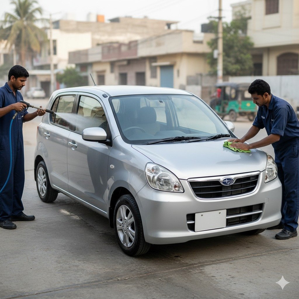 Subaru Pleo Plus car cleaning and detailing service in Karachi, with technicians washing and polishing the compact hatchback for a shiny, showroom look.
