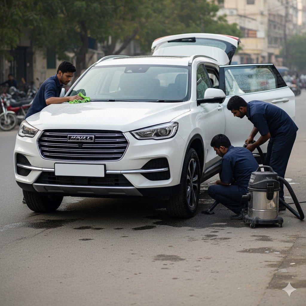 Haval H6 SUV car cleaning and detailing service in Karachi with technicians performing exterior polishing and interior vacuuming for a spotless finish.