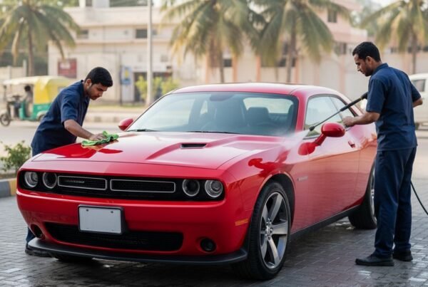 Dodge Challenger cleaning and detailing service with technicians polishing the hood and washing the exterior for a glossy, showroom-ready finish.
