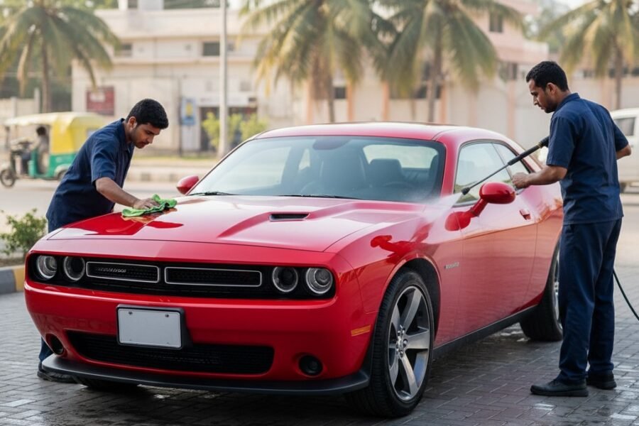 Dodge Challenger cleaning and detailing service with technicians polishing the hood and washing the exterior for a glossy, showroom-ready finish.