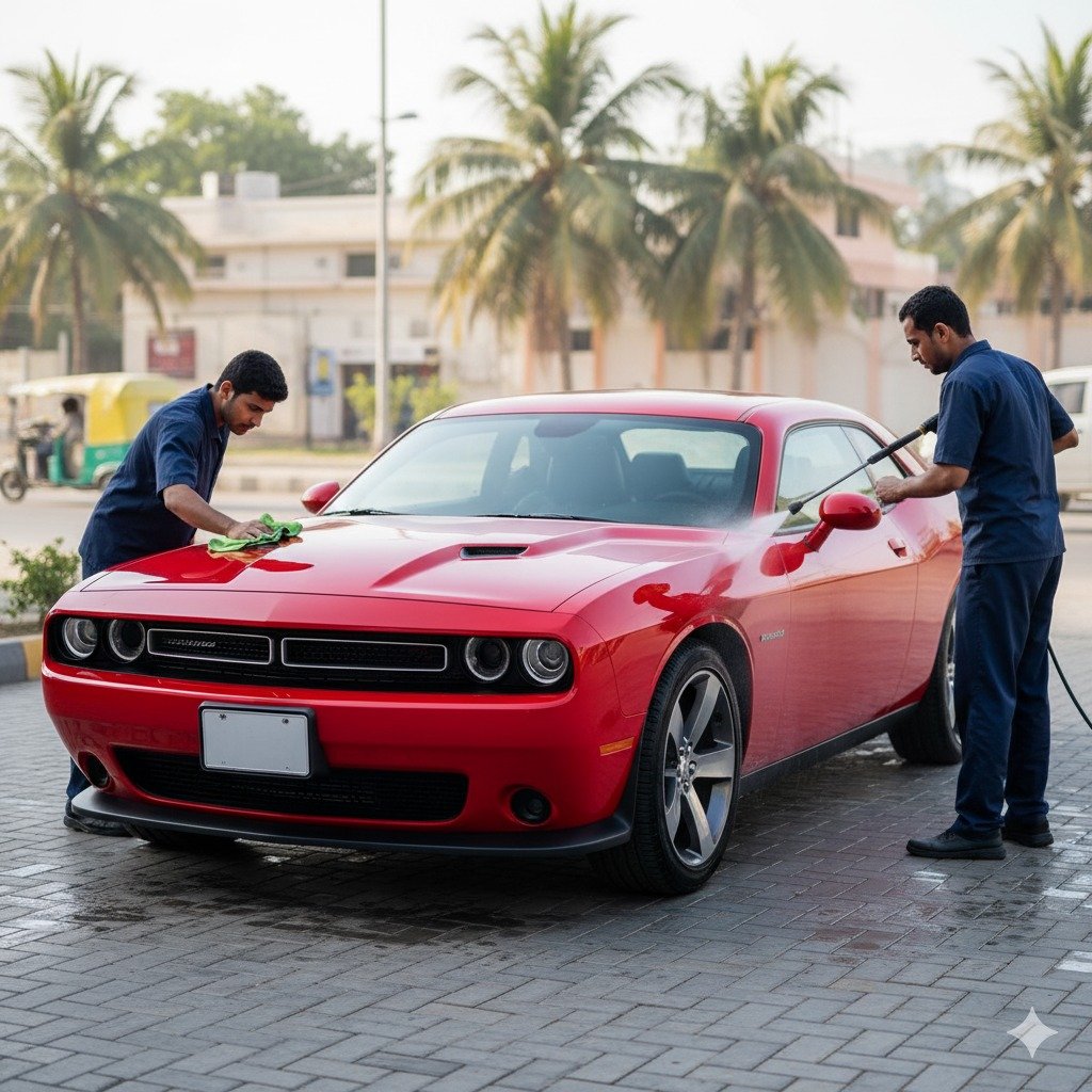 Dodge Challenger cleaning and detailing service with technicians polishing the hood and washing the exterior for a glossy, showroom-ready finish.