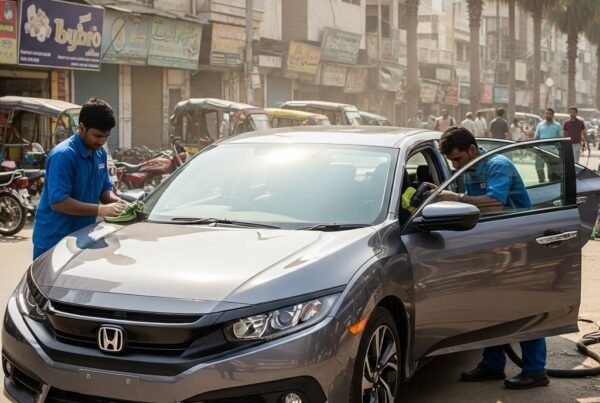 Honda Civic sedan being professionally detailed by two technicians on a Karachi street, showing polished exterior and clean interior at Bulao.pk.