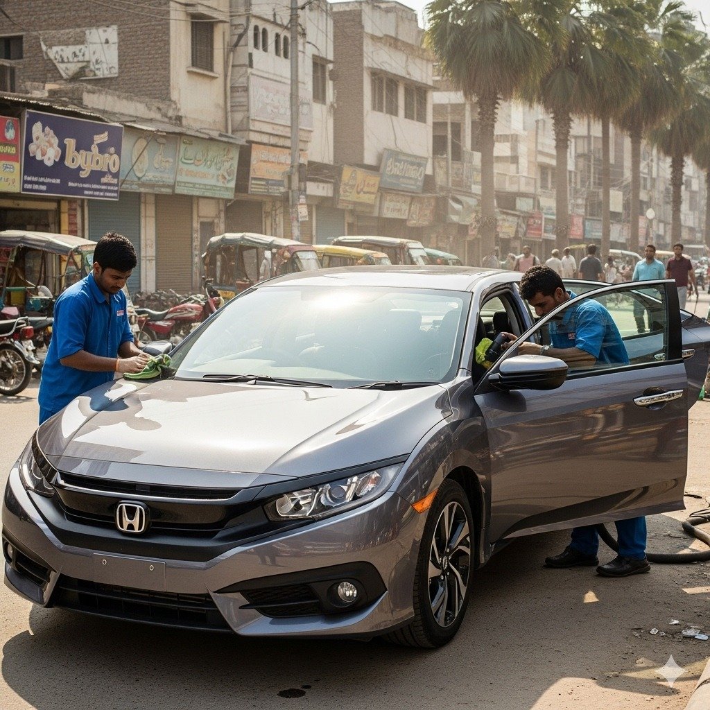 Honda Civic sedan being professionally detailed by two technicians on a Karachi street, showing polished exterior and clean interior at Bulao.pk.