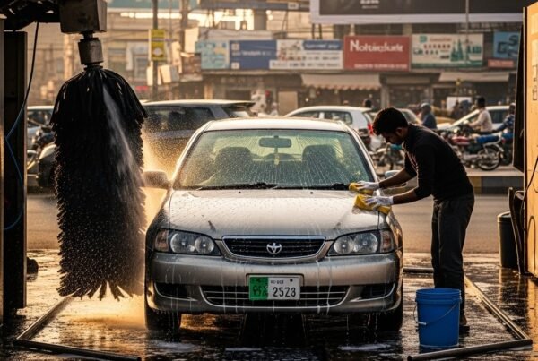 Split view of car washing in Karachi – half cleaned in an automatic car wash, half hand-washed by a professional with bucket and sponge, showing clean and shiny vehicle with city background