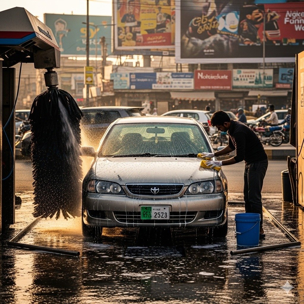 Split view of car washing in Karachi – half cleaned in an automatic car wash, half hand-washed by a professional with bucket and sponge, showing clean and shiny vehicle with city background
