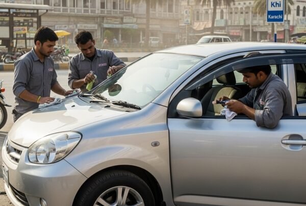 Toyota Passo being professionally detailed by two technicians on a Karachi street, showing polished exterior, clean interior, and city background at Bulao.pk.