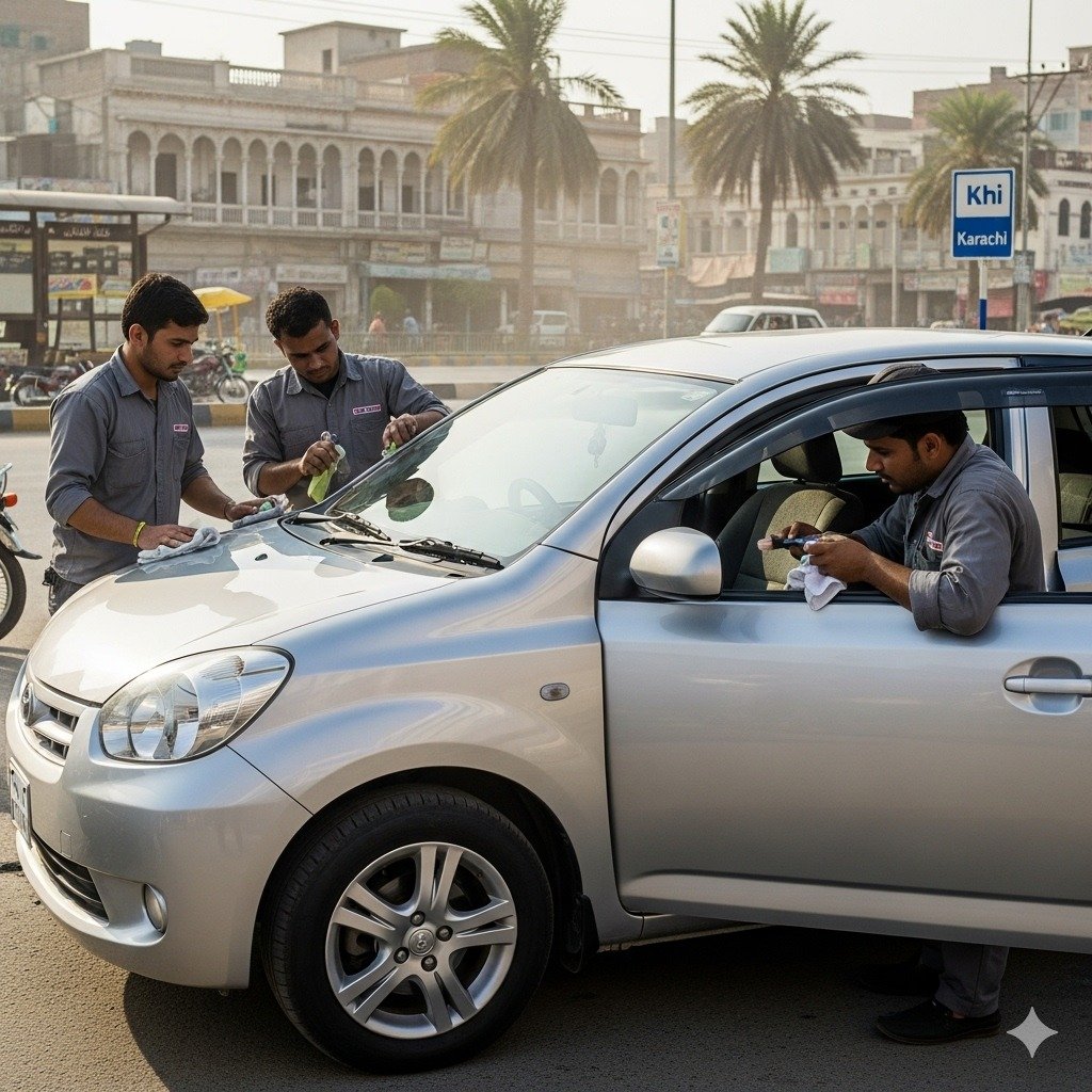 Toyota Passo being professionally detailed by two technicians on a Karachi street, showing polished exterior, clean interior, and city background at Bulao.pk.
