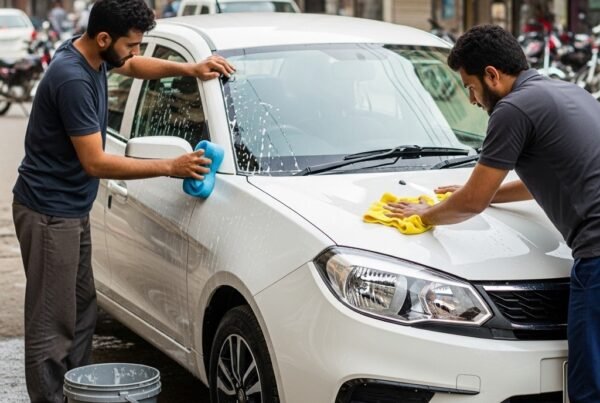 Two male car detailers washing and polishing a white Proton Saga sedan on a Karachi street with shiny paint, clean wheels, and realistic urban background.